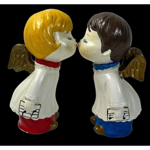 1960s Kitchy Boy Girl Kissing Angels Hand Painted Japan Christmas In Box Ceramic - Picture 2 of 9